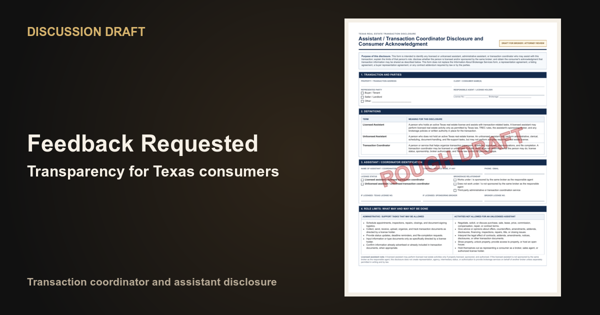 Your Feedback Requested: Improving Transparency Around Transaction Coordinators and Assistants in Texas Real Estate